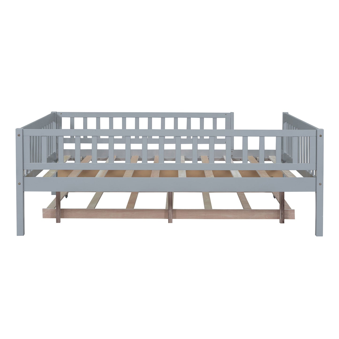 Full Size Daybed With Trundle And Fence Guardrails - Gray