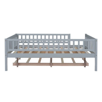 Full Size Daybed With Trundle And Fence Guardrails - Gray