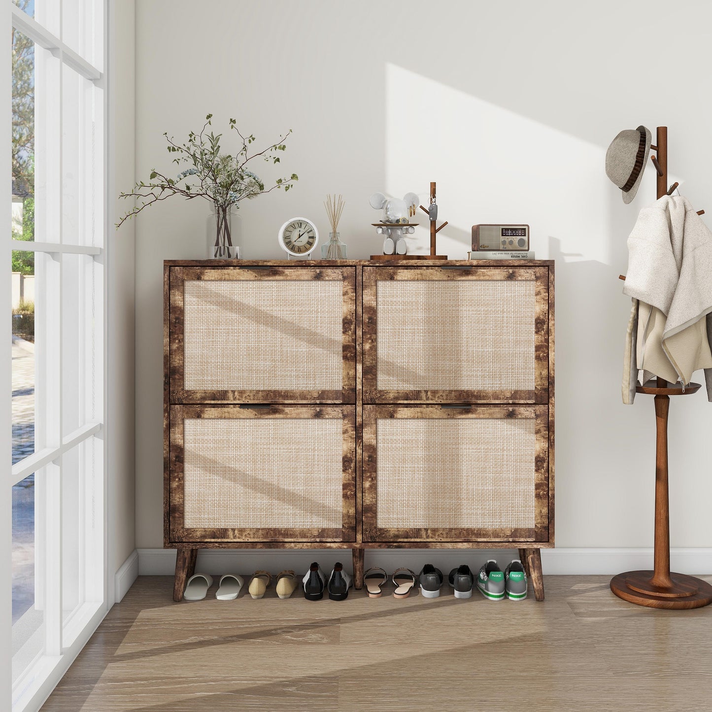 4 Door Shoe Rack, Freestanding Modern Shoe Storage Cabinet, For Entryway - Burly Wood