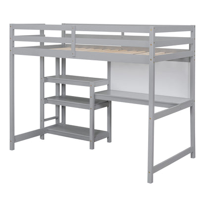 Twin Size Loft Bed With Shelves, Desk And Writing Board - Gray