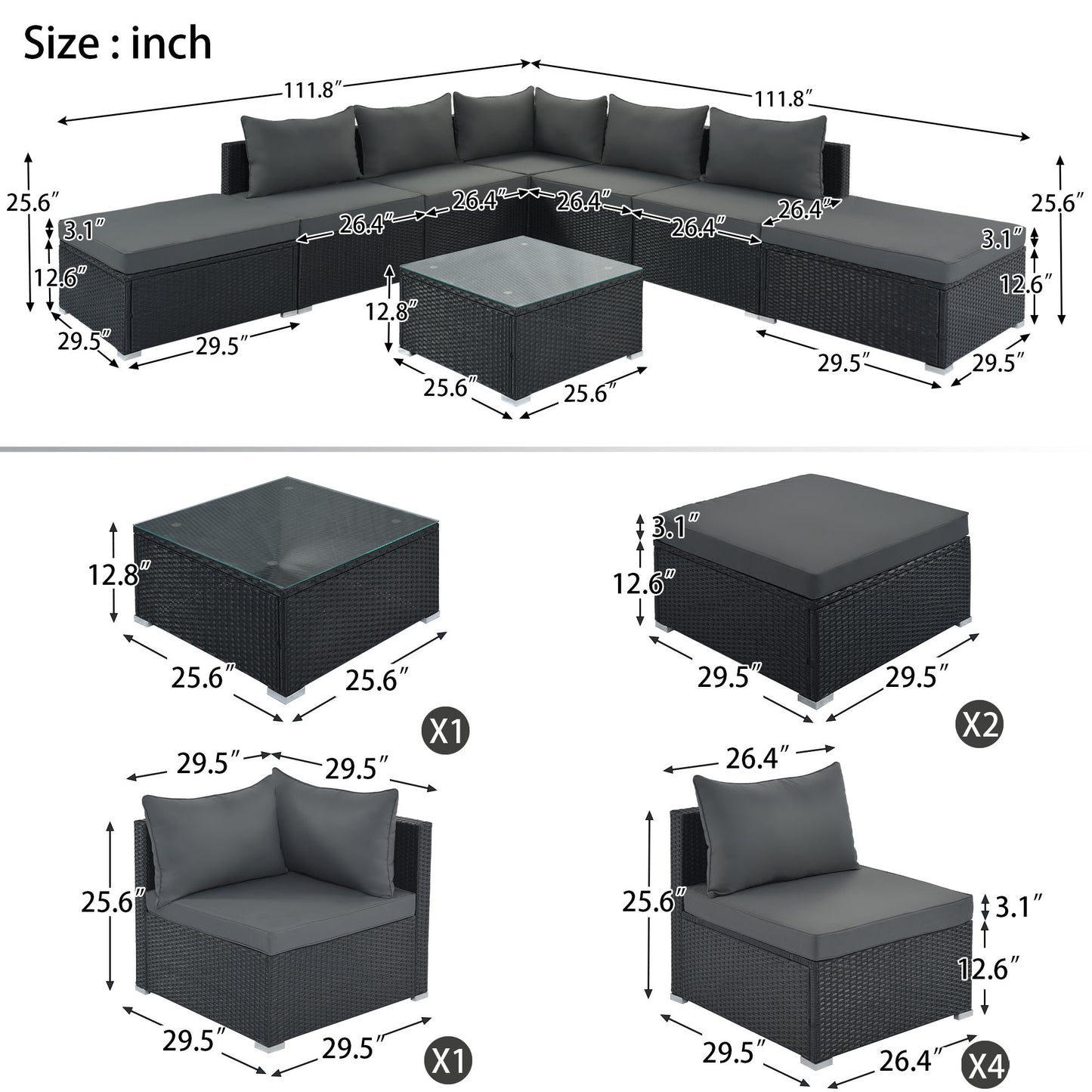 8 Pieces Outdoor Patio Furniture Sets, Garden Conversation Wicker Sofa Set, Single Sofa Combinable - Gray / Black