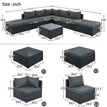 8 Pieces Outdoor Patio Furniture Sets, Garden Conversation Wicker Sofa Set, Single Sofa Combinable - Gray / Black