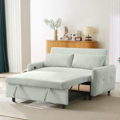 Pull Out Sofa Bed Convertible Couch 2 Seat Loveseat Sofa Modern Sleeper Sofa With 2 Throw Pillows And USB Ports For Living Room - Light Gray Green