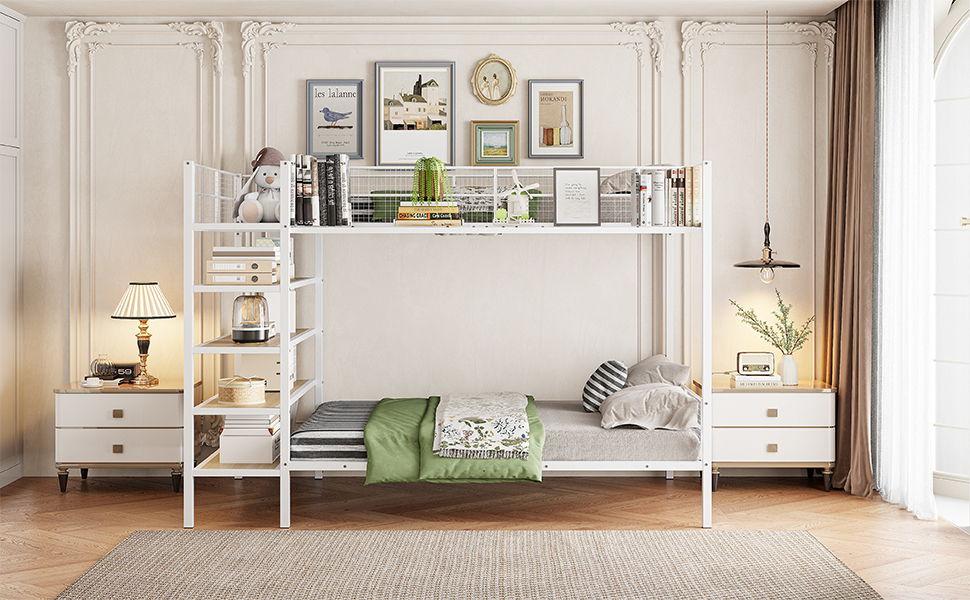 Twin Over Full Bunk Bed With 5 Tier Shelves - White