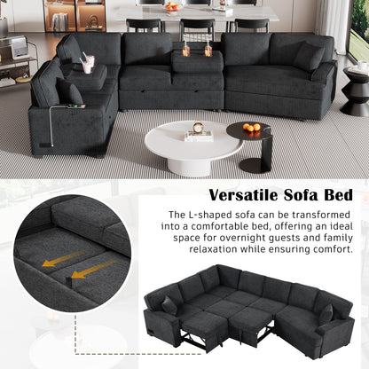 L-Shaped Sofa Sectional Sofa Couch Pull-Out Sofa Bed With Charging Devices And Cup Holders For Living Room - Blue Black