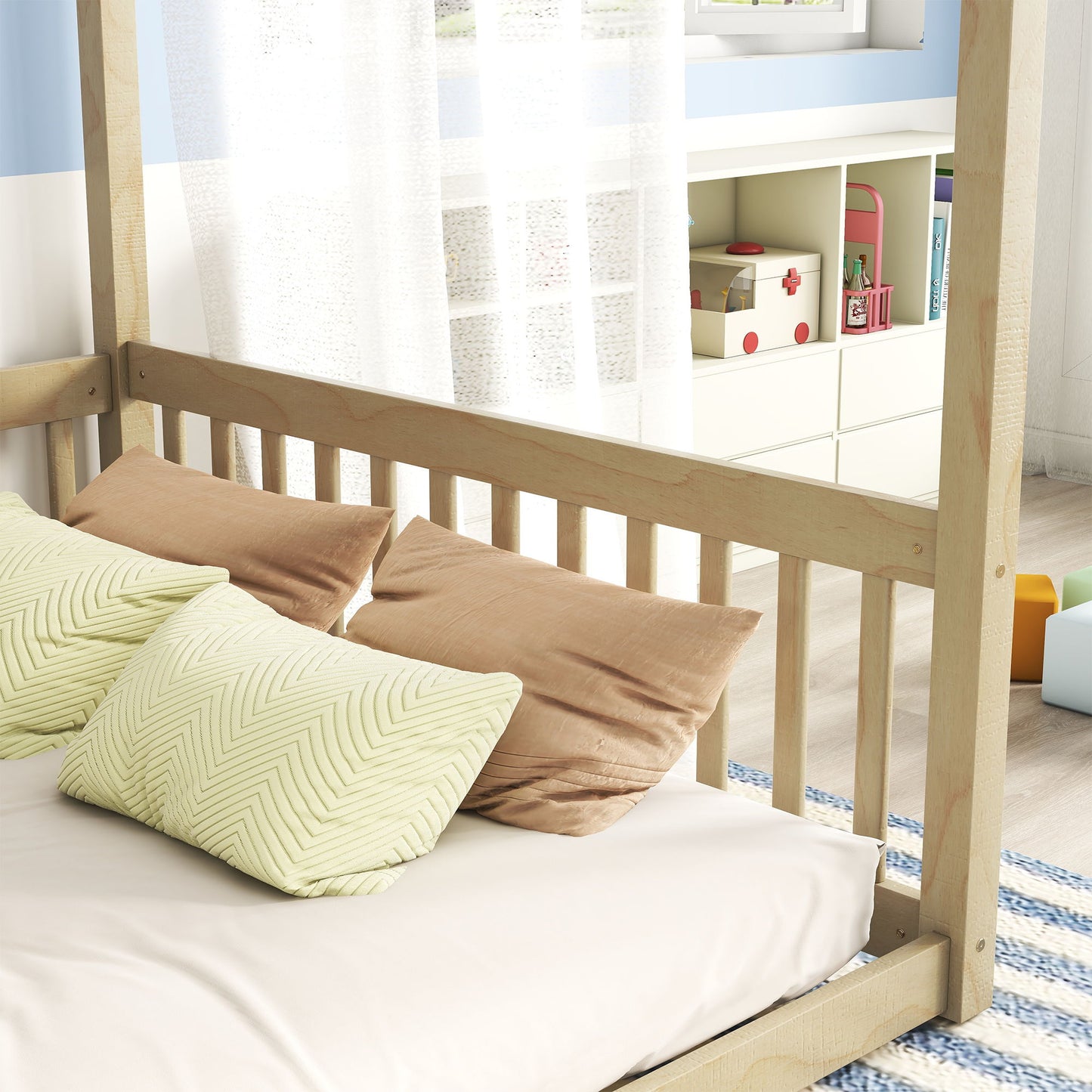 Full Size Canopy Frame Floor Bed With Fence, Guardrails - Natural
