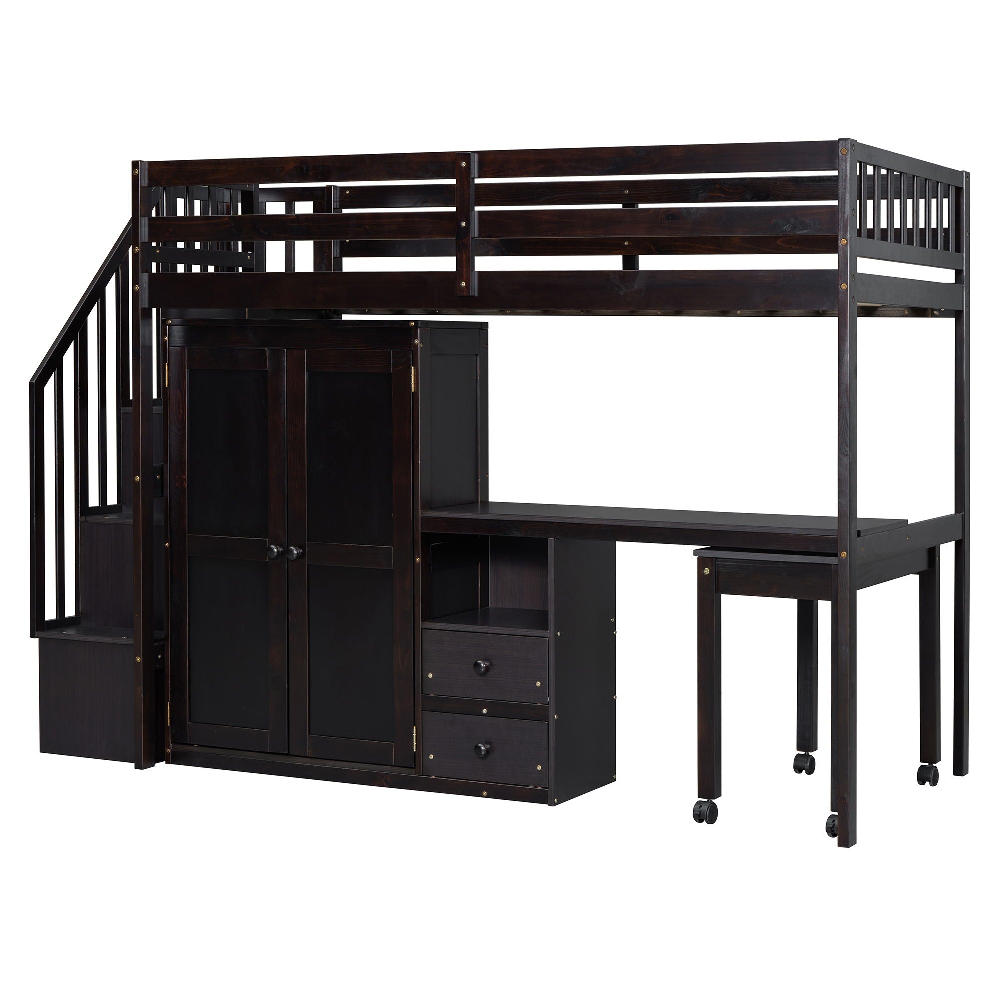 Twin Size Loft Bed With Stairs, Bookshelf, Drawers, Desk & Wardrobe, Space Saving Multifunctional Furniture - Espresso