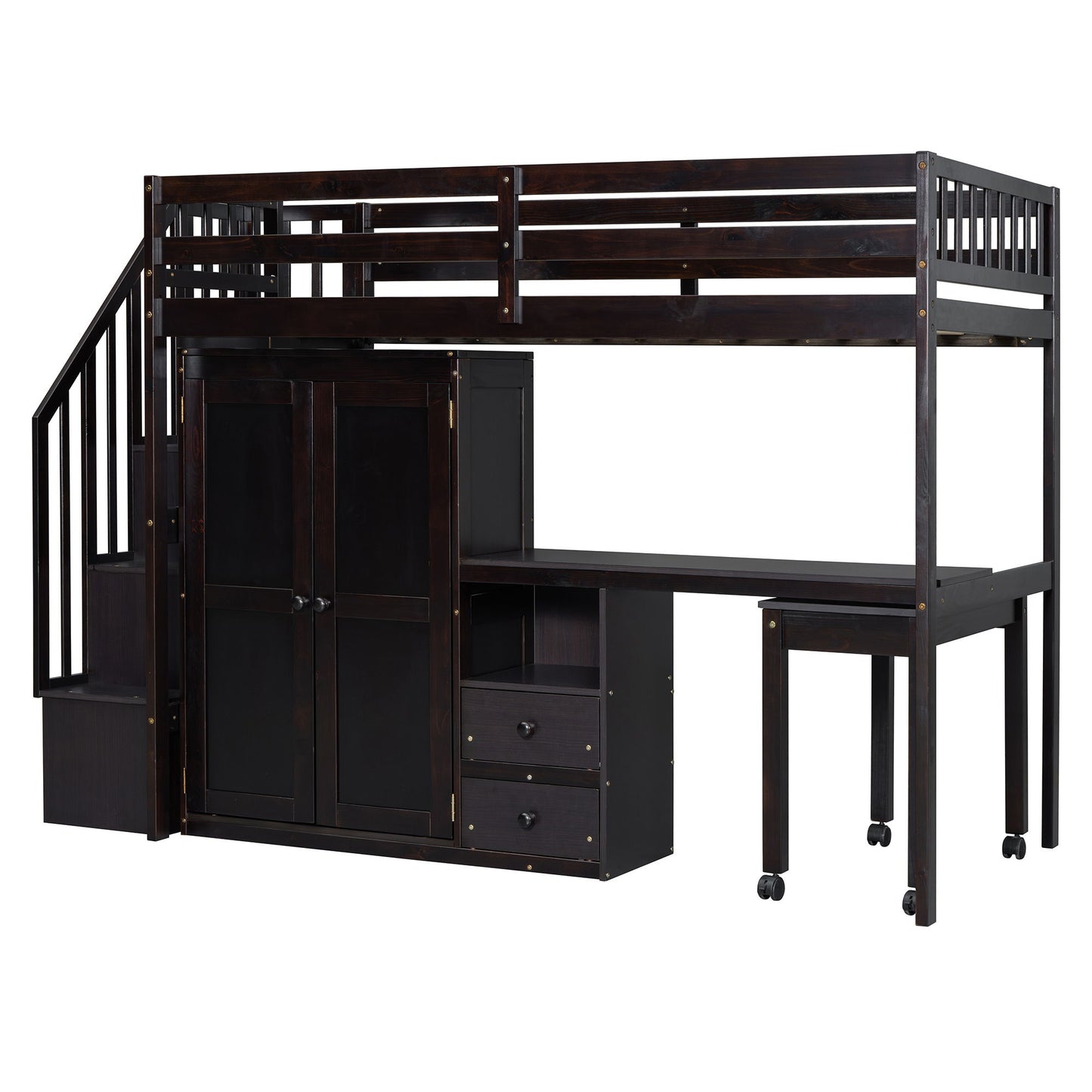 Twin Size Loft Bed With Stairs, Bookshelf, Drawers, Desk & Wardrobe, Space Saving Multifunctional Furniture - Espresso
