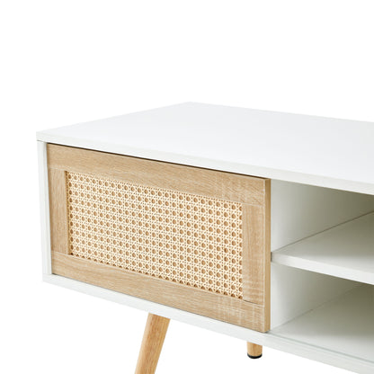 55.12" Rattan TV Cabinet, Double Sliding Doors For Storage, Adjustable Shelf, Solid Wood Legs, TV Console For Living Room - White