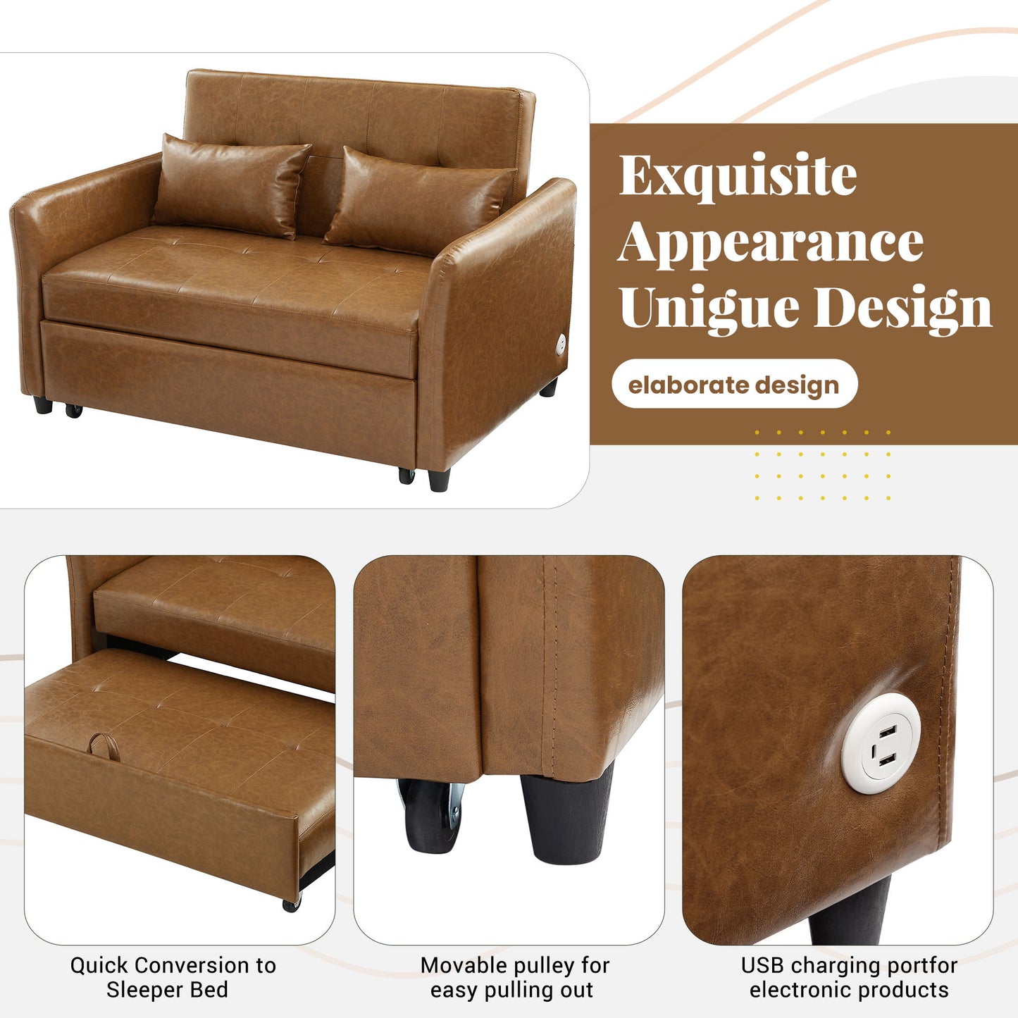 Convertible Sleeper Bed, Adjustable Oversized Armchair With 3 USB Ports For Small Space - Brown