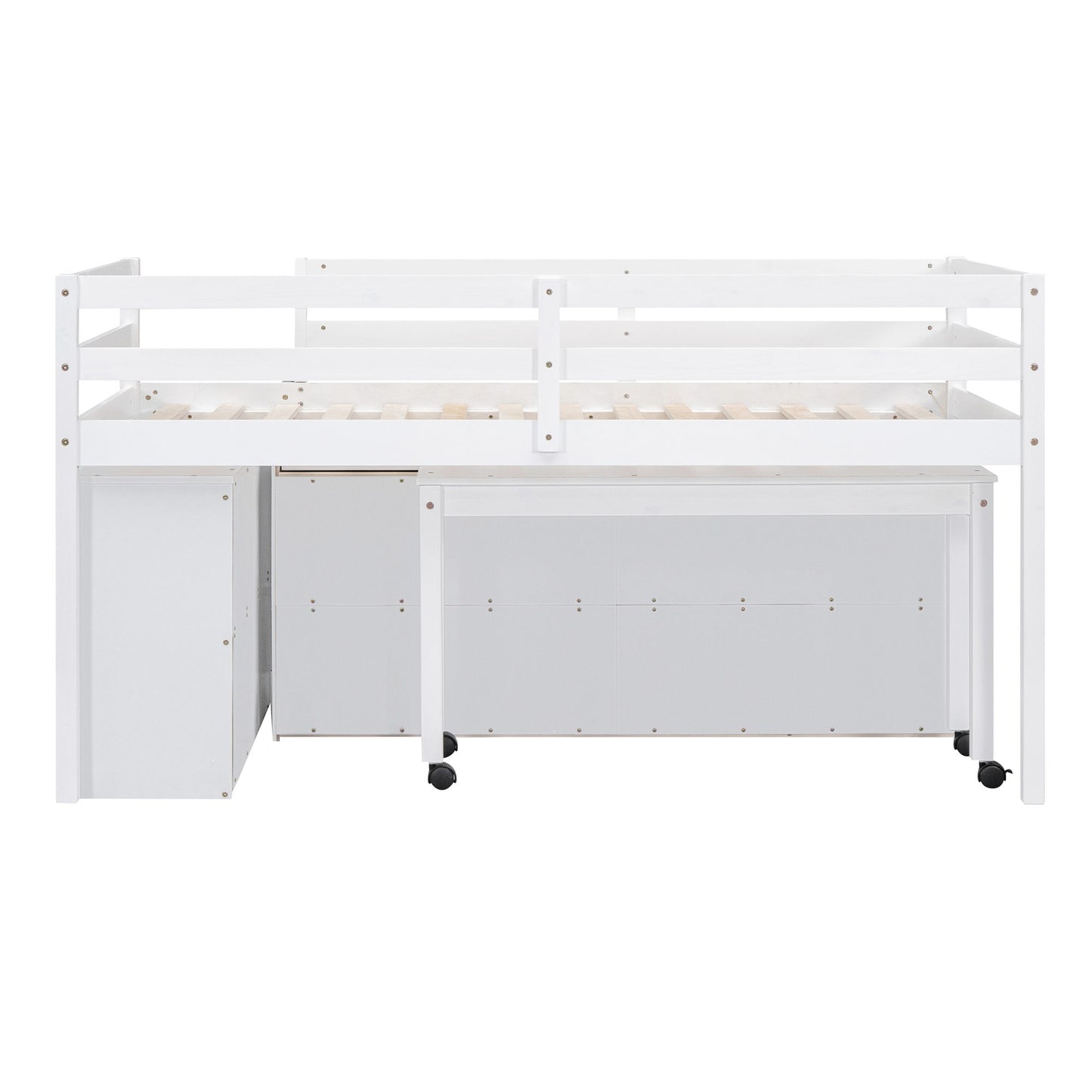 Twin Size Loft Bed With Retractable Writing Desk And 4 Drawers, With Lateral Portable Desk And Shelves - White