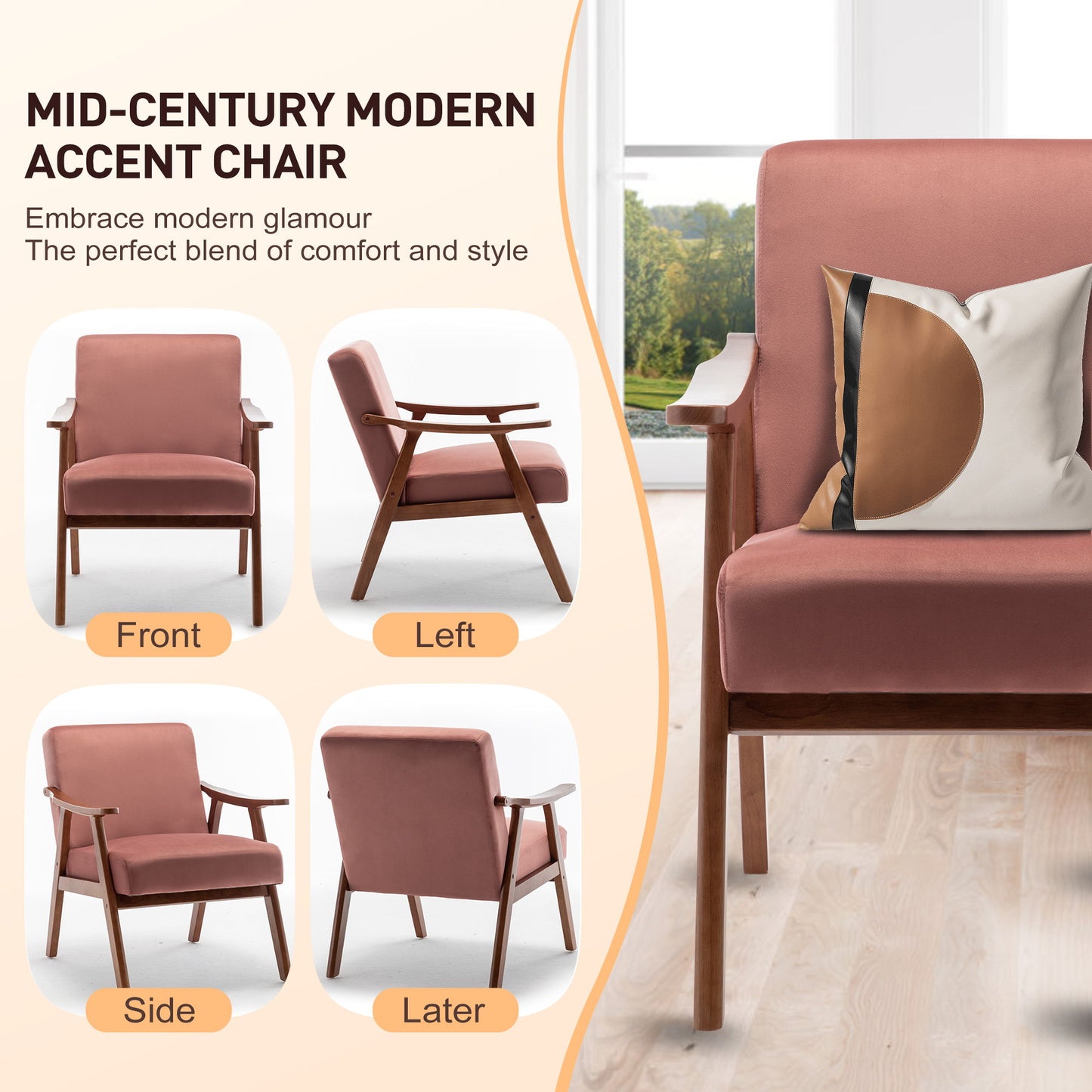 Mid Century Modern Wingback Accent Chair With Solid Wood Frame And Extra Thick Backrest - Lounge Chair For Living Room, Bedroom, Or Reading Room - Pink