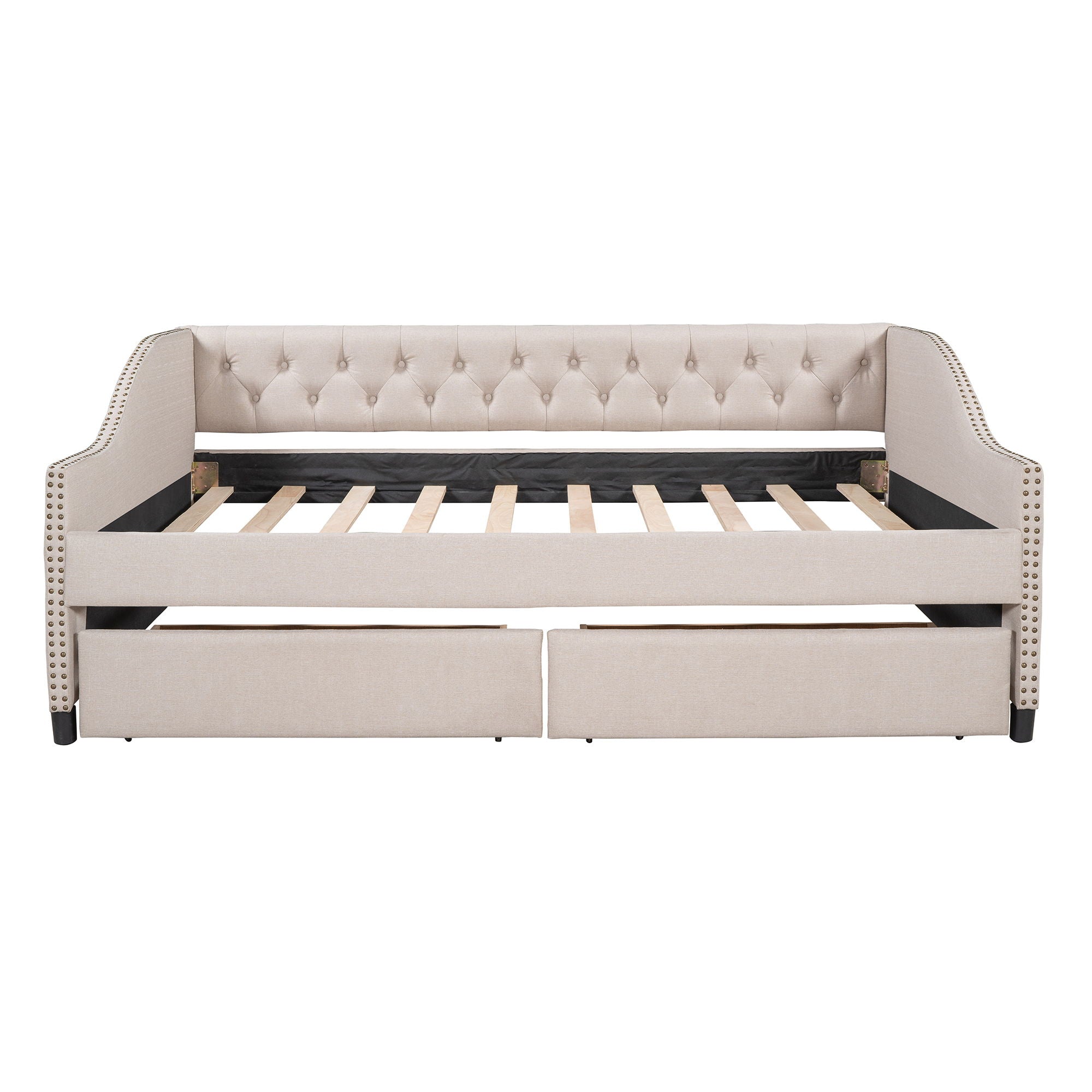 Full Size Upholstered Daybed With Two Drawers, Slat Support - Beige