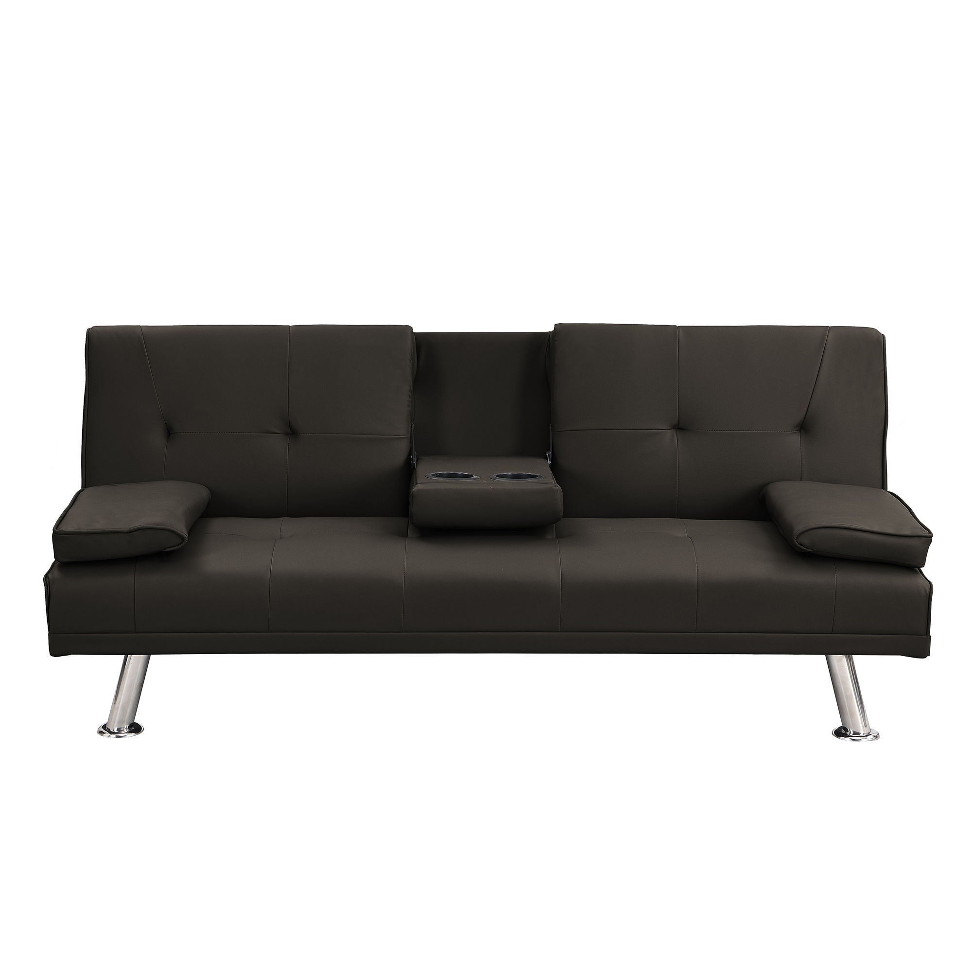 Sofa Bed With Armrest Two Holders Wood Frame, Stainless Leg, Futon - Brown