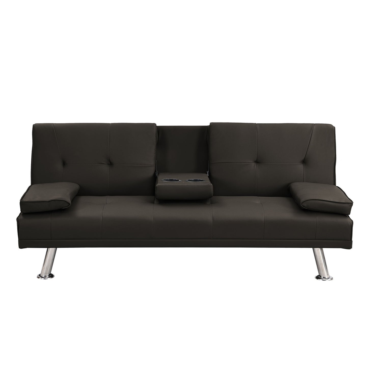 Sofa Bed With Armrest Two Holders Wood Frame, Stainless Leg, Futon - Brown