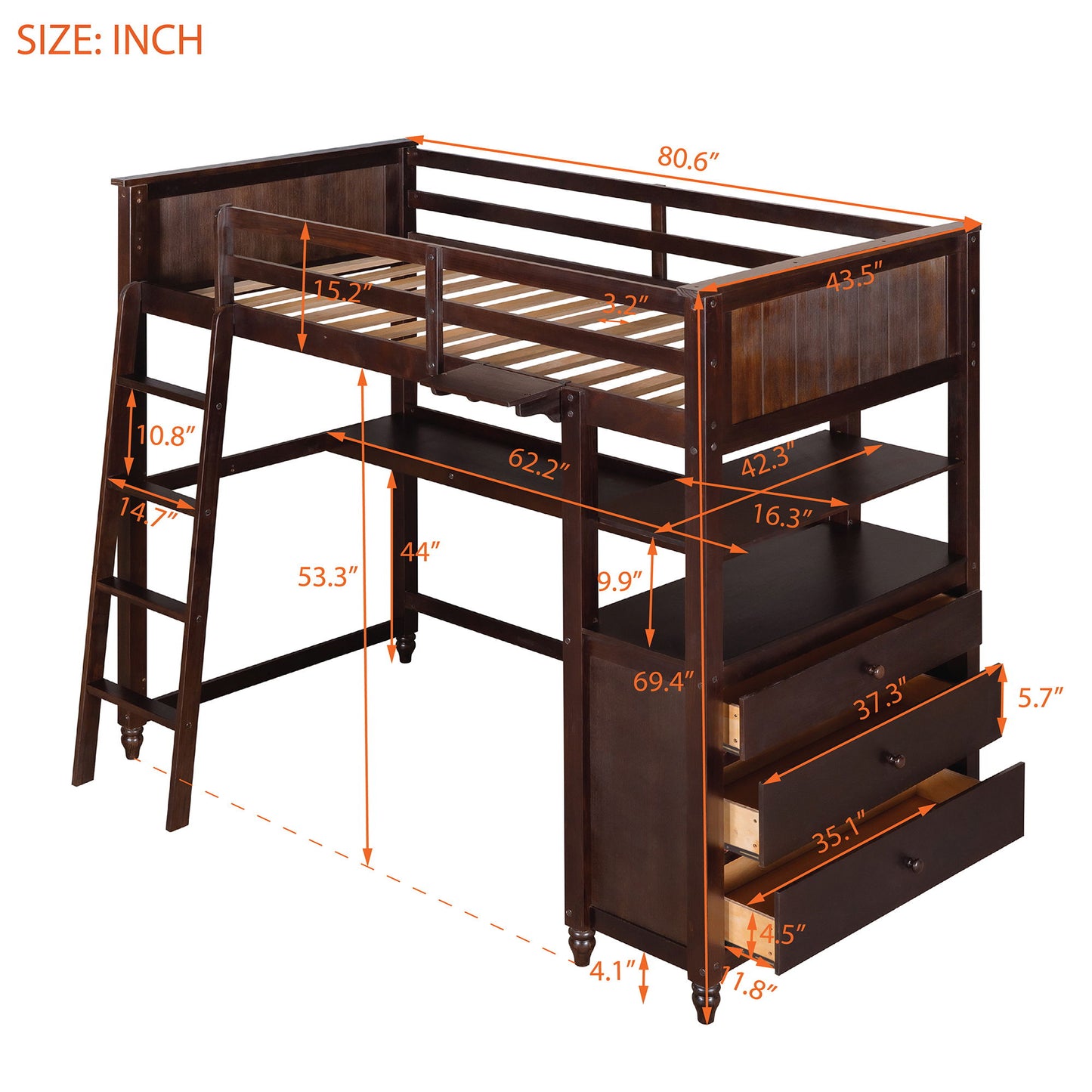 Twin Size Loft Bed With Drawers And Desk, With Shelves - Espresso