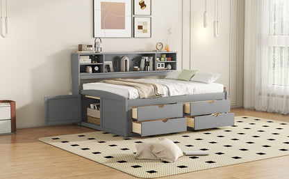 Full Size Daybed With 2 Bedside Cabinets, Upper Shelves And 4 Drawers - Gray