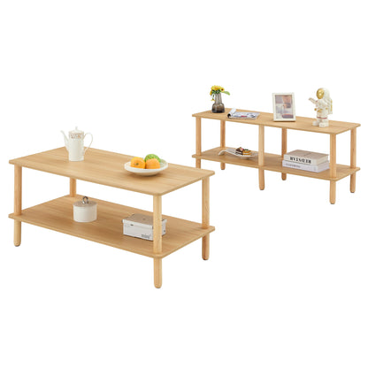 Modern 2 Tier Coffee Table For Living Room Furniture, Rectangular Center Table With Open Storage Shelf, Rounded Rubberwood Legs, Stable And Durable - Burly Wood