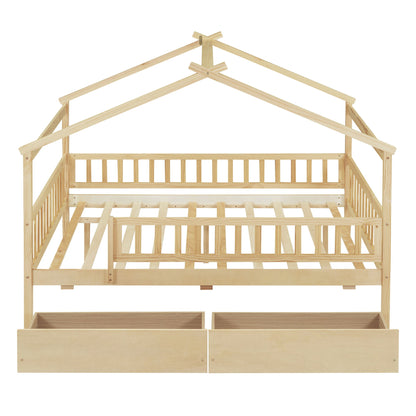Full Size House Bed With 2 Drawers - Natural