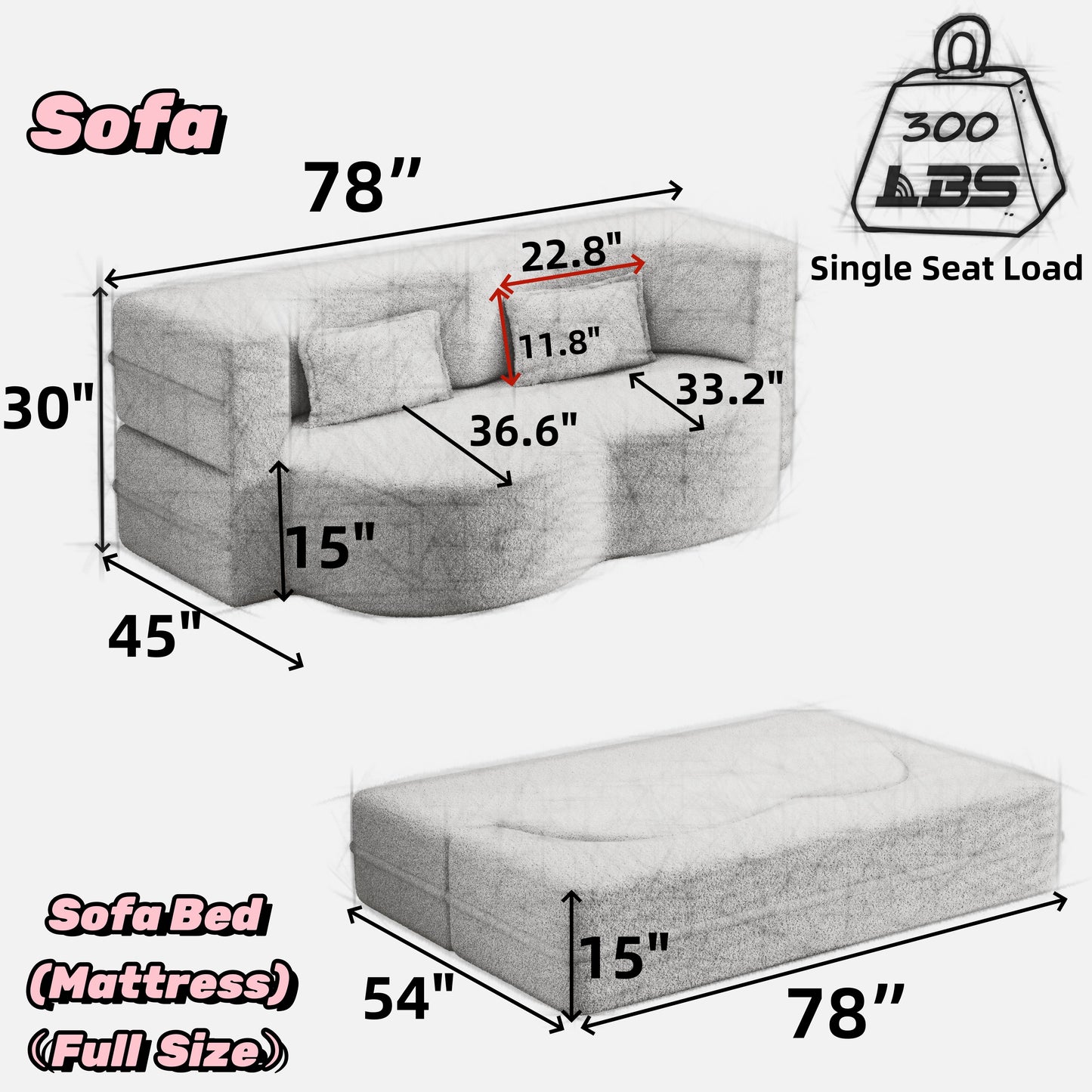 Modern Floor Sofa With 2 Pillows, Convertible Teddy Fabric Foam Filled Sleeper Sofa Bed, Full Size Folding Mattress For Living Room Guest Bed, Playroom, No Assembly Required - Green