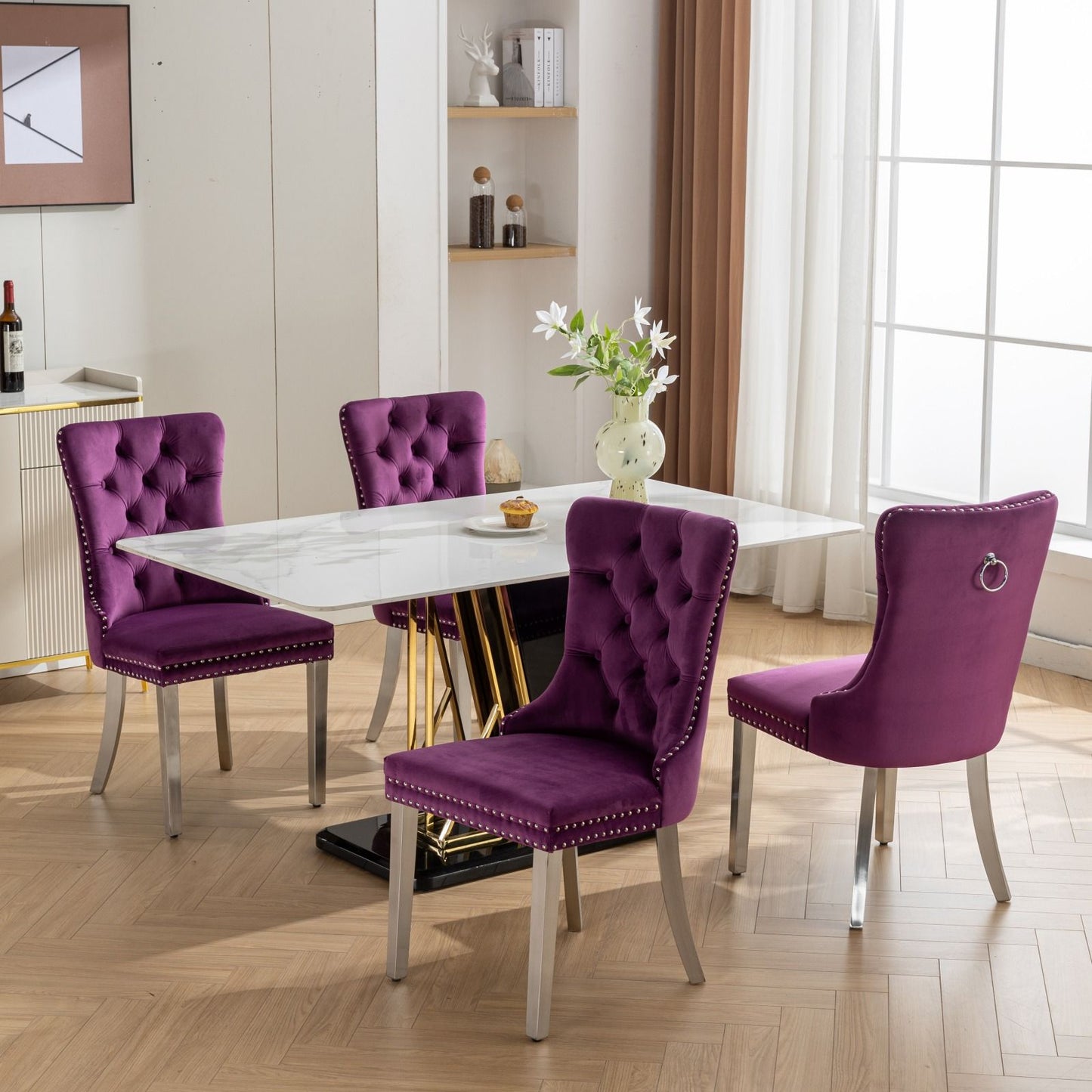 Nikki - Modern, High-End Tufted Solid Wood Contemporary Velvet Upholstered Dining Chair With Chrome Stainless Steel Plating Legs, Nailhead Trim (Set of 2) - Purple / Chrome