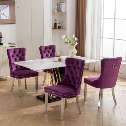 Nikki - Modern, High-End Tufted Solid Wood Contemporary Velvet Upholstered Dining Chair With Chrome Stainless Steel Plating Legs, Nailhead Trim (Set of 2) - Purple / Chrome
