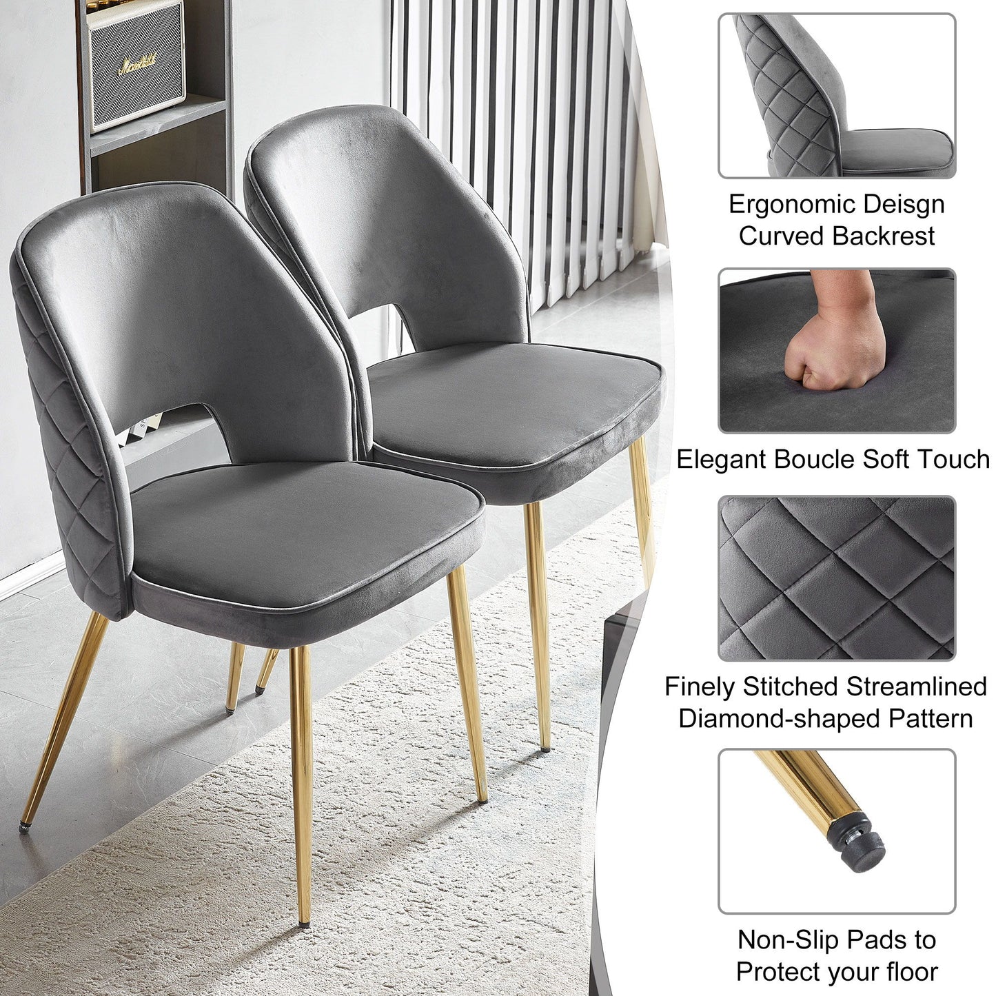 Velvet Dining Chairs With Metal Legs And Hollow Back Upholstered Dining Chairs (Set of 4) - Gray