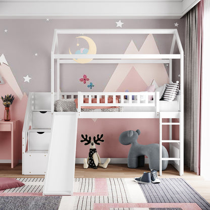 Twin Loft House Bed With 2 Drawers And Slide - White