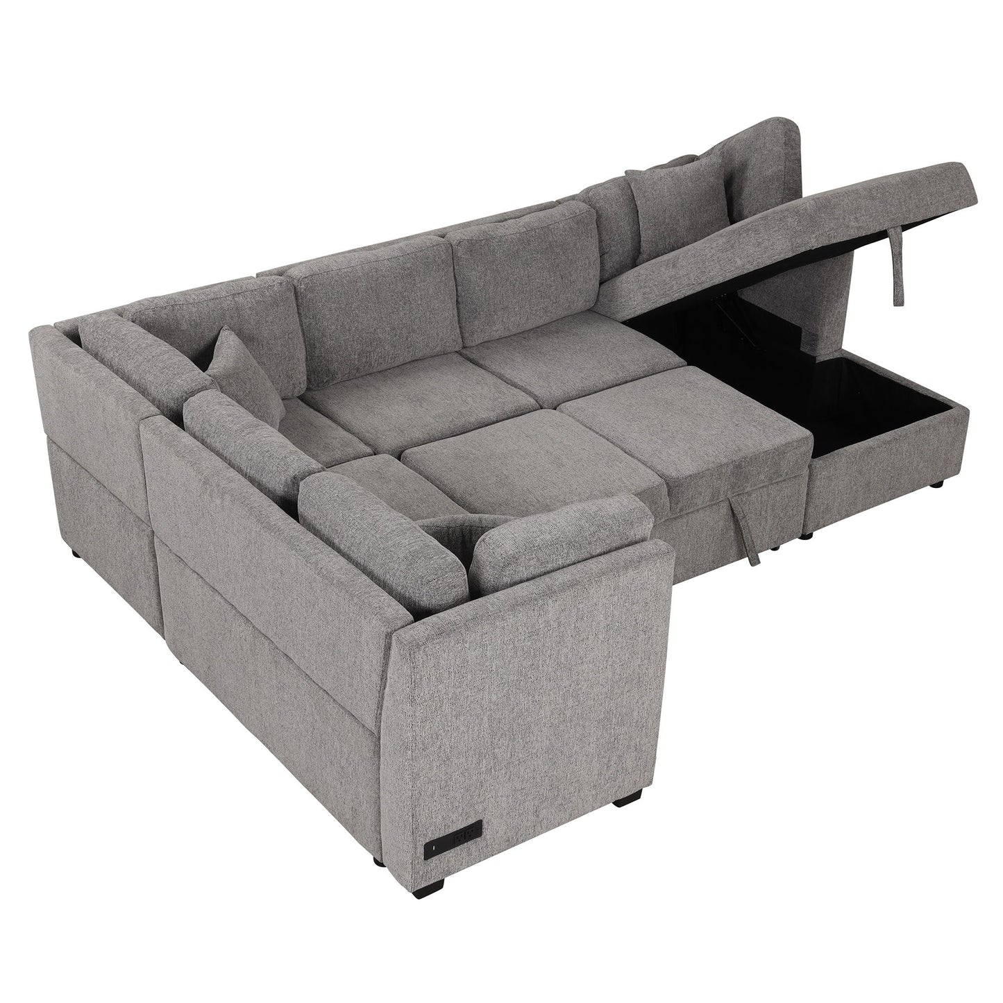 U-Shaped Sectional Sofa Pull Out Sofa Bed With Two USB Ports, Two Power Sockets, Three Back Pillows And A Storage Chaise For Living Room - Light Gray