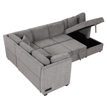 U-Shaped Sectional Sofa Pull Out Sofa Bed With Two USB Ports, Two Power Sockets, Three Back Pillows And A Storage Chaise For Living Room - Light Gray