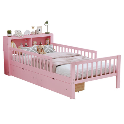 Twin Size Bed With Headboard Storage Rack, 2 Under Bed Drawers, 3 - Side Guardrails For Safety And Security - Pink
