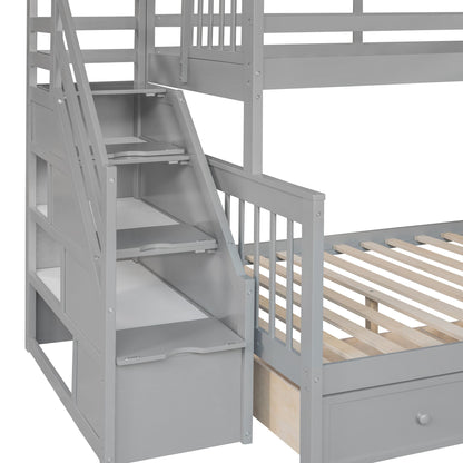 Twin Over Full L Shaped Bunk Bed & 3 Drawers, Ladder And Staircase - Gray