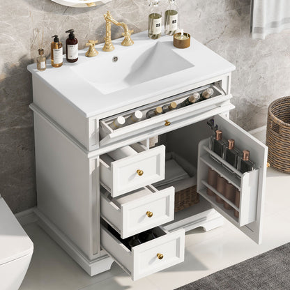 Freestanding 30" Bathroom Vanity With Sink, Soft Closing Door, Tip Out Drawer - White