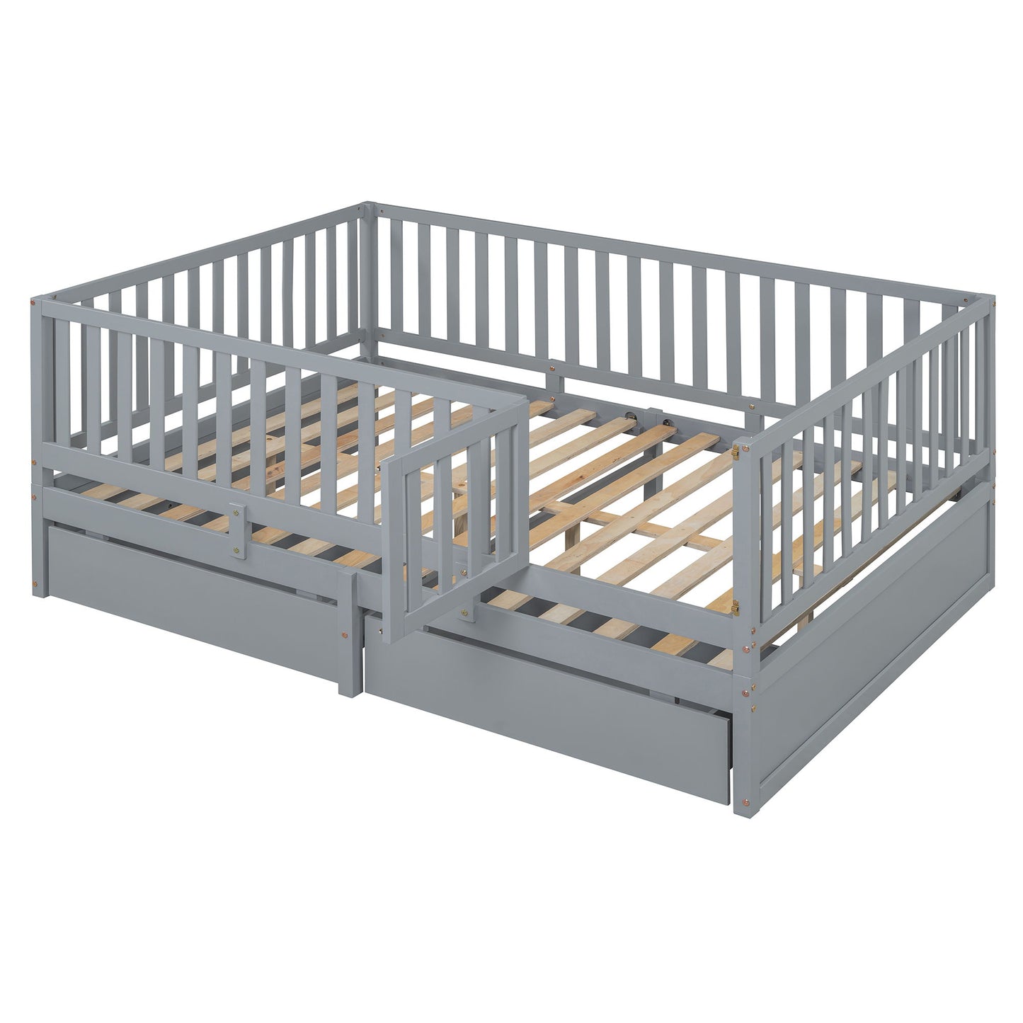 Full Size Daybed With Fence Guardrails And 2 Drawers - Gray
