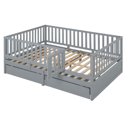Full Size Daybed With Fence Guardrails And 2 Drawers - Gray