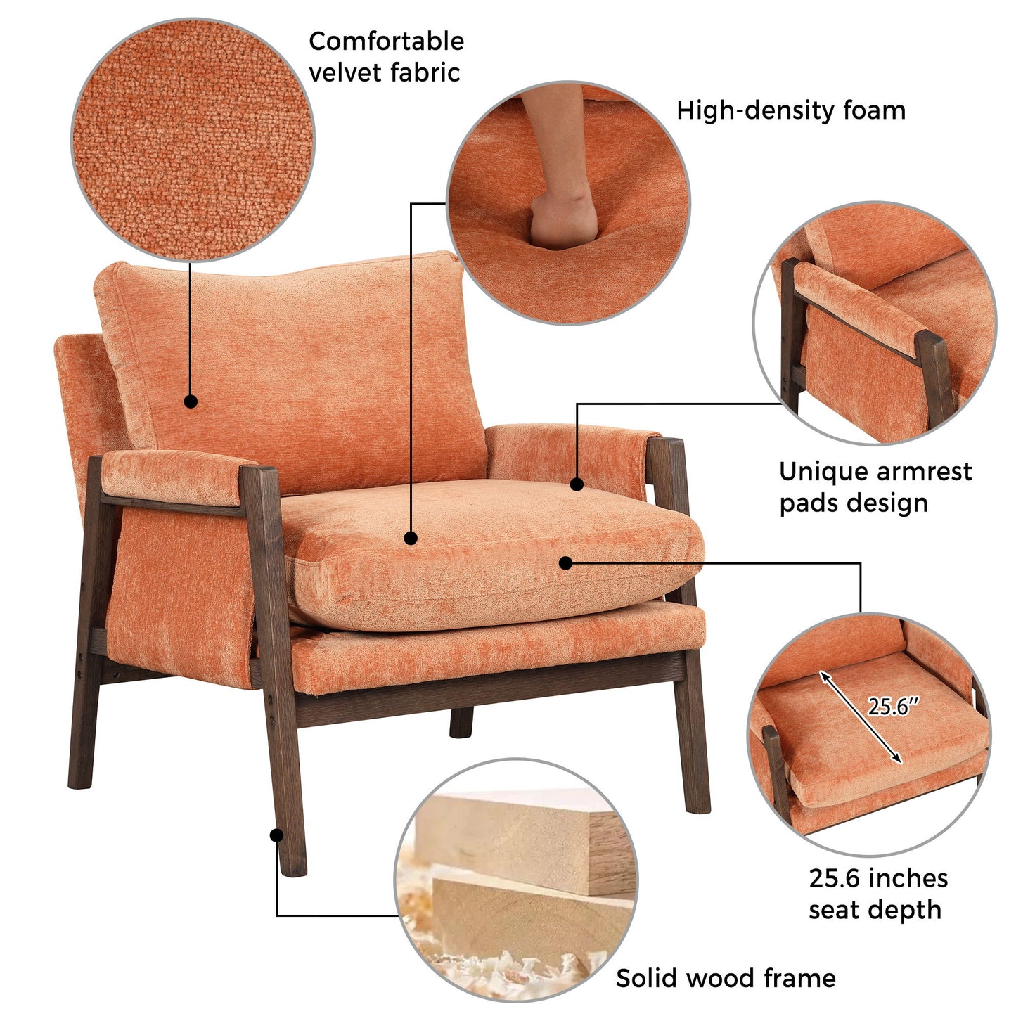 Mid-Century Modern Velvet Accent Chair, Leisure Chair With Solid Wood And Thick Seat Cushion For Living Room, Bedroom, Studio - Orange