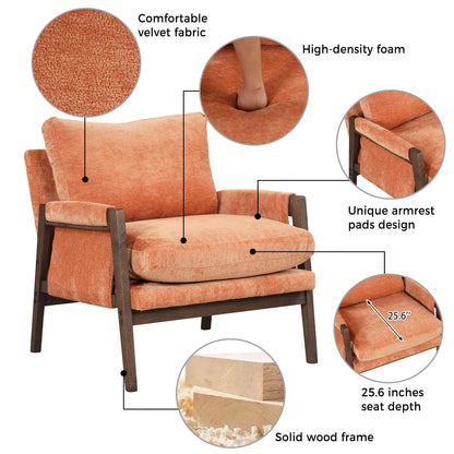 Mid-Century Modern Velvet Accent Chair, Leisure Chair With Solid Wood And Thick Seat Cushion For Living Room, Bedroom, Studio - Orange
