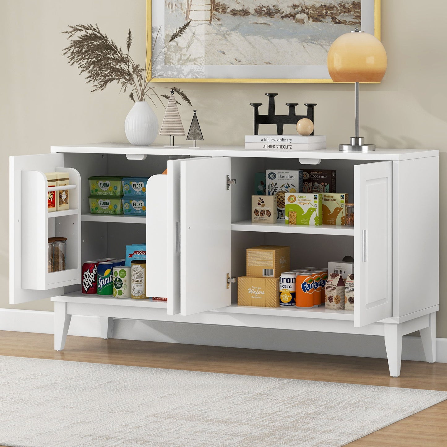 4 Door Sideboard Storage Cabinet With Door Shelf For Living Room And Dining Room, 2 Large Cabinets With Adjustable Shelf - White