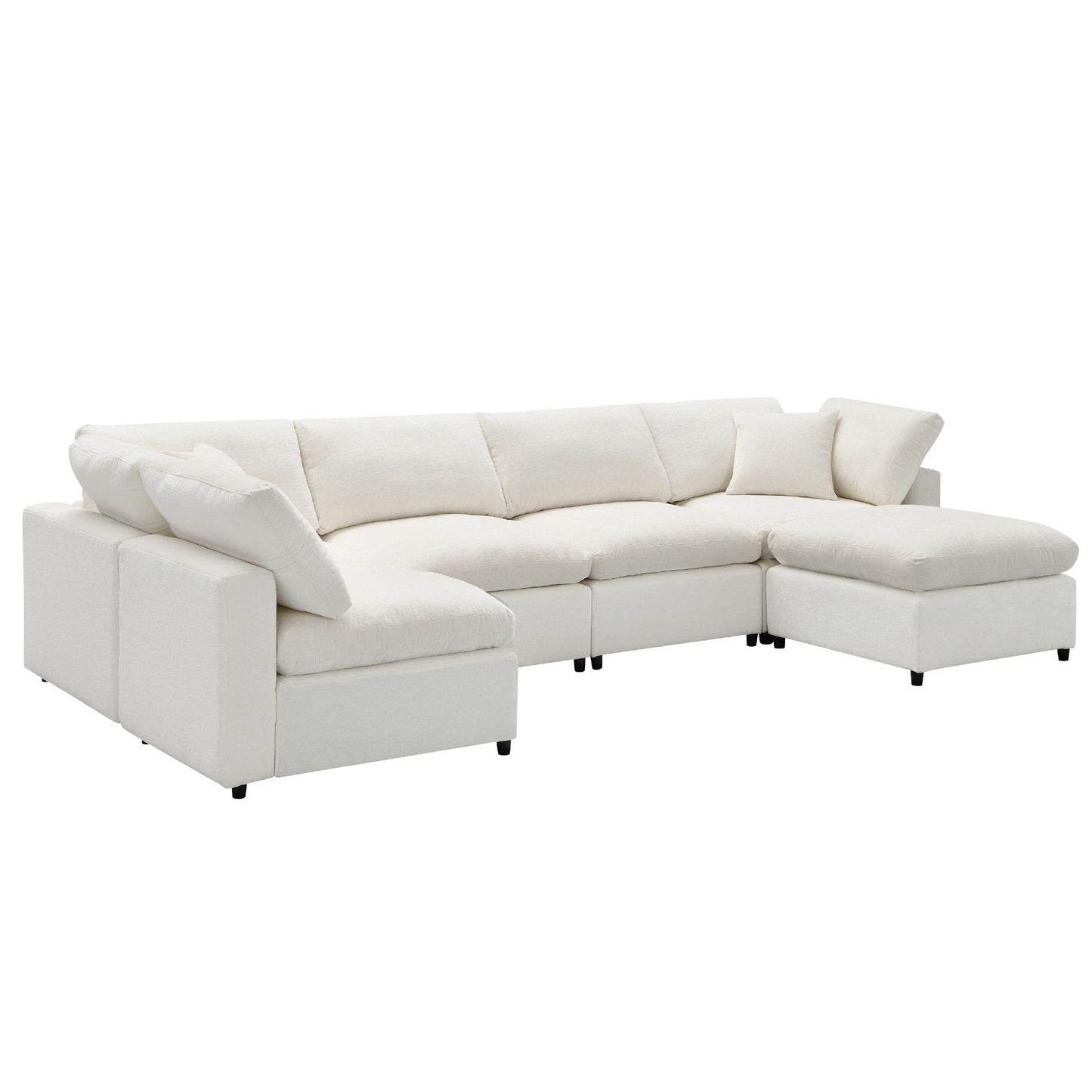 Modern Modular Cloud Sofa Bed, 6 Seat Chenille Sectional Couch Set With Ottoman, Free Combination, Convertible U Shaped Sleeper Sofa - Beige