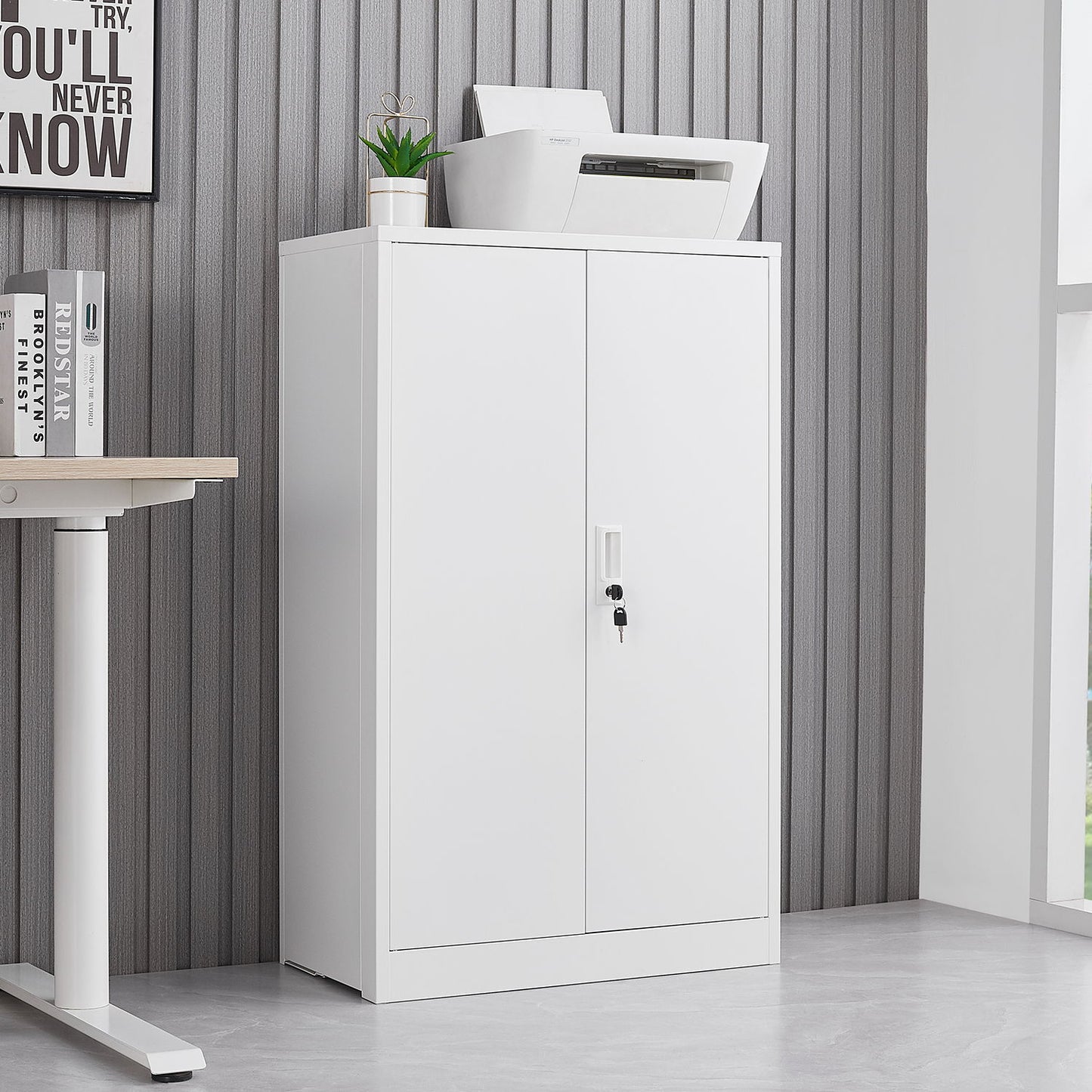 Metal Storage Cabinet With Locking Doors And Adjustable Shelf, Folding Filing Storage Cabinet, Folding Storage Locker Cabinet For Home Office, School, Garage - White
