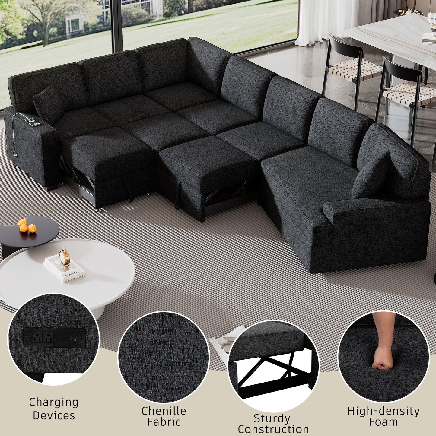 L-Shaped Sofa Sectional Sofa Couch Pull-Out Sofa Bed With Charging Devices And Cup Holders For Living Room - Blue Black