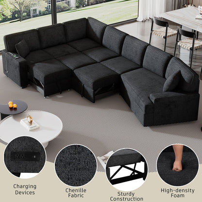 L-Shaped Sofa Sectional Sofa Couch Pull-Out Sofa Bed With Charging Devices And Cup Holders For Living Room - Blue Black