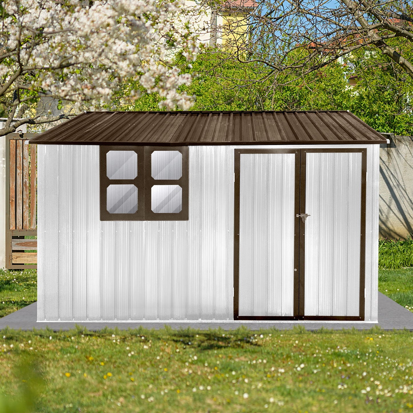 10'x8' Garden Sheds Outdoor Storage Sheds With Window - White / Coffee