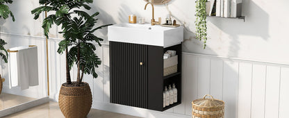 Modern Floating Bathroom Vanity With Ceramic Basin, Perfect For Small Bathrooms, Right Side Storage - Black