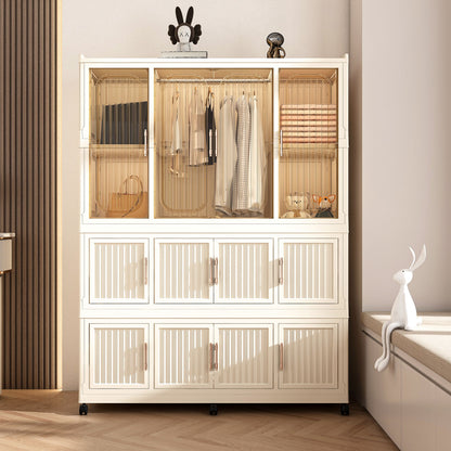 Portable Wardrobe Closet Storage Organizer With 12 Magnetic Doors, 12 Cubes & Hanging Rod - White
