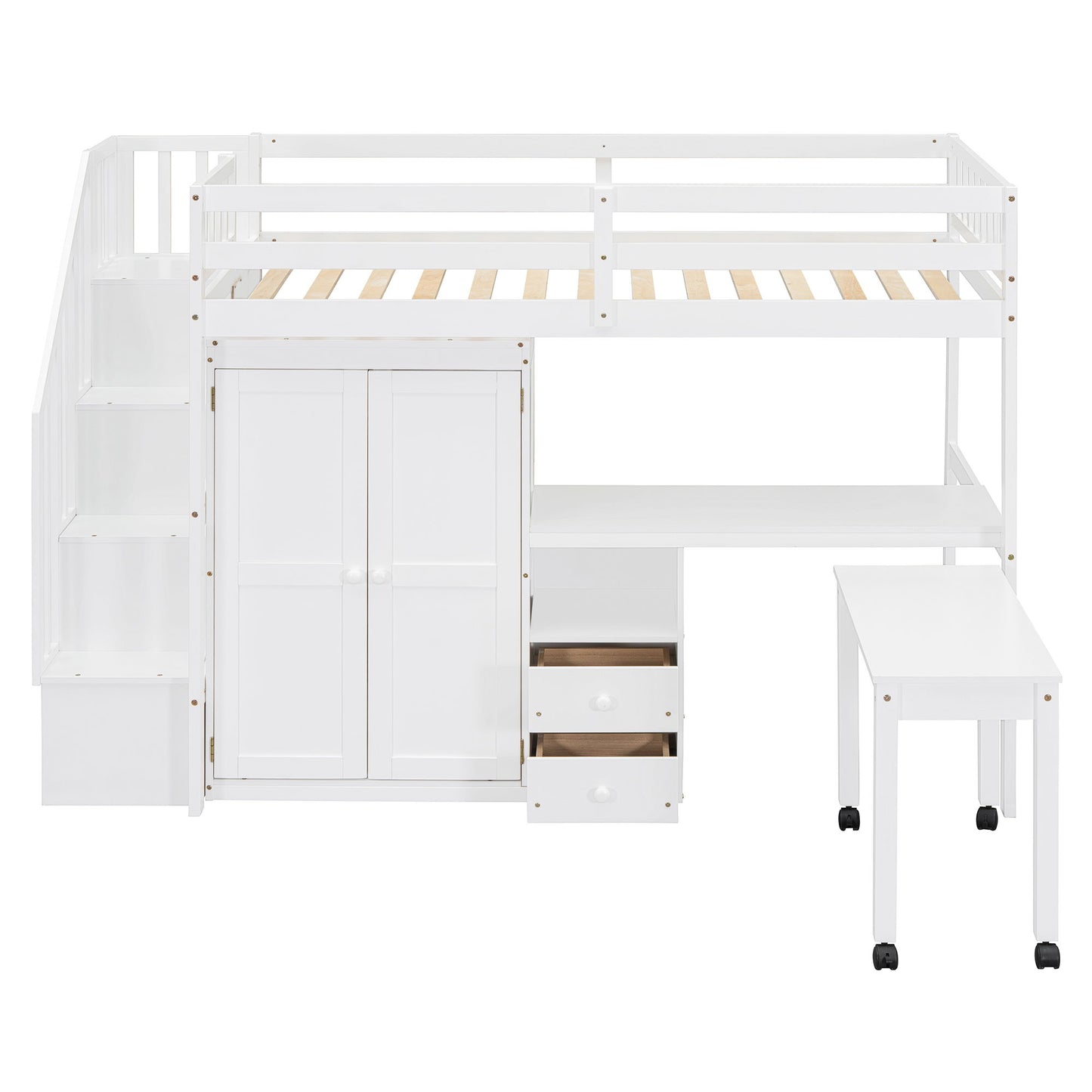 Twin Size Loft Bed With Stairs, Bookshelf, Drawers, Desk & Wardrobe, Space Saving Multifunctional Furniture - White