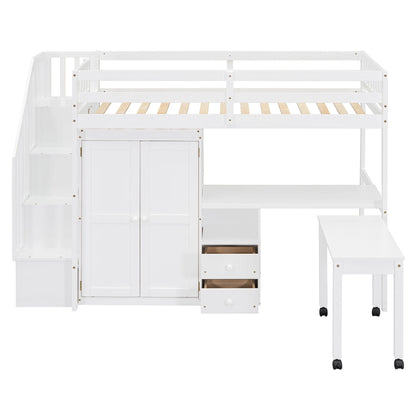 Twin Size Loft Bed With Stairs, Bookshelf, Drawers, Desk & Wardrobe, Space Saving Multifunctional Furniture - White