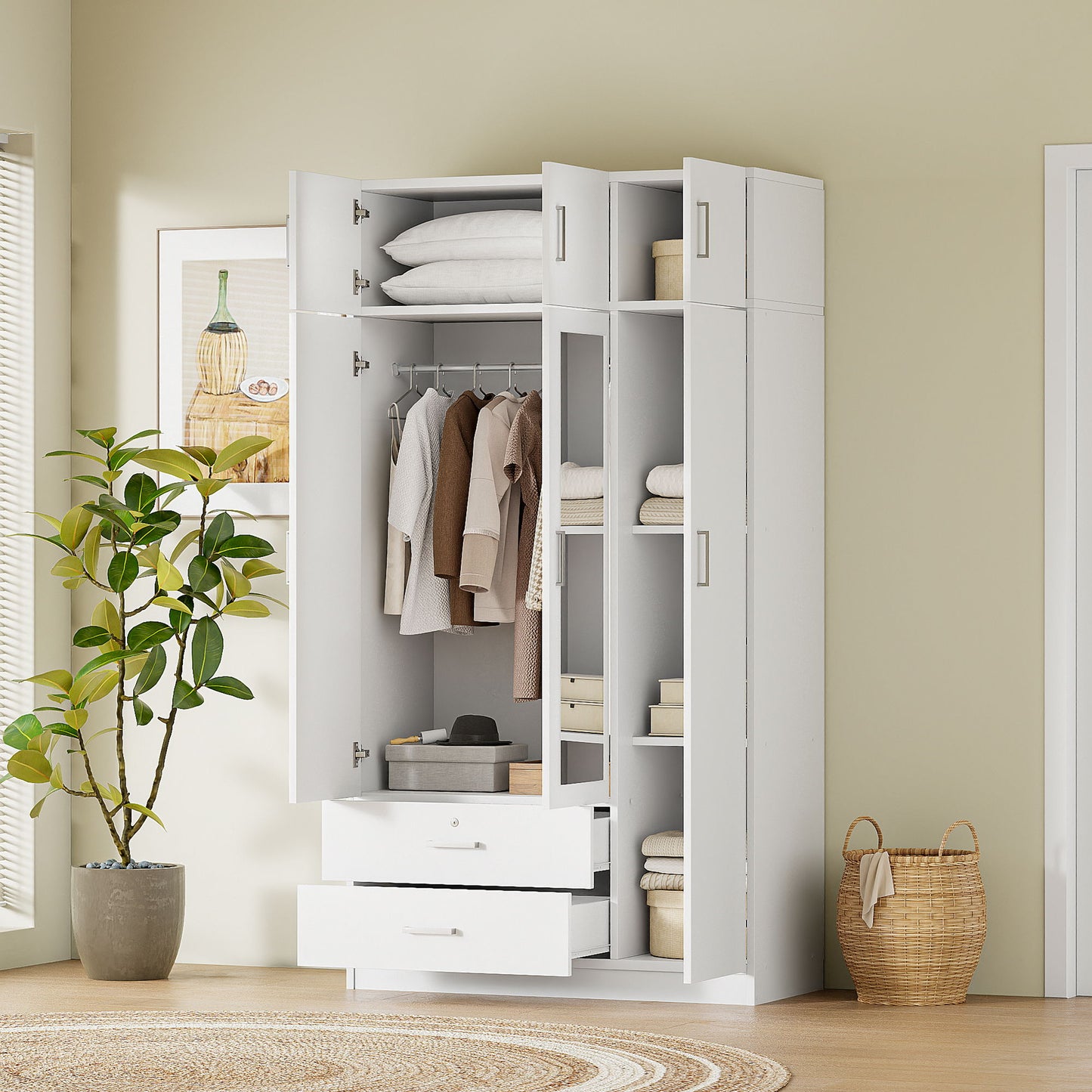 Modern 3 Door Mirror Wardrobe With 2 Drawers And Top Cabinet - White