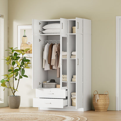 Modern 3 Door Mirror Wardrobe With 2 Drawers And Top Cabinet - White