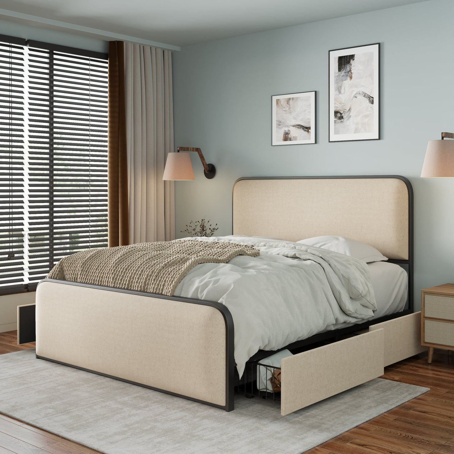 Modern Metal Bed Frame With Curved Upholstered Headboard And Footboard Bed With 4 Storage Drawers, Heavy Duty Metal Slats, King Size - Beige